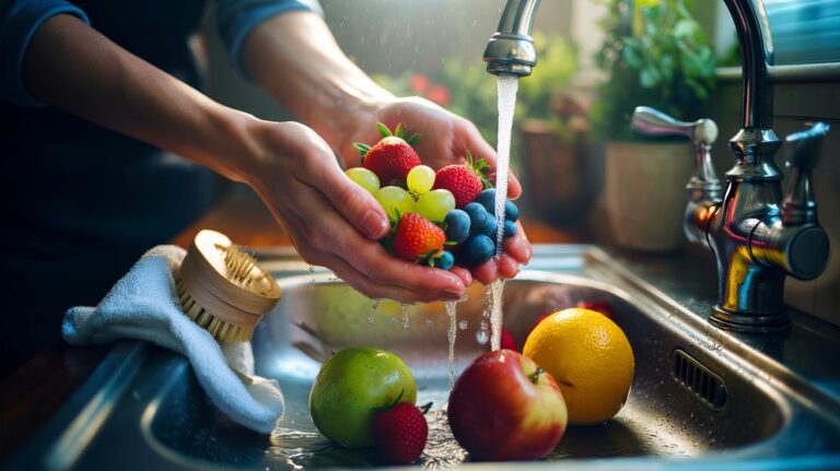 Illustration de la bonne façon de laver des fruits à l’eau froide sans détruire leurs vitamines