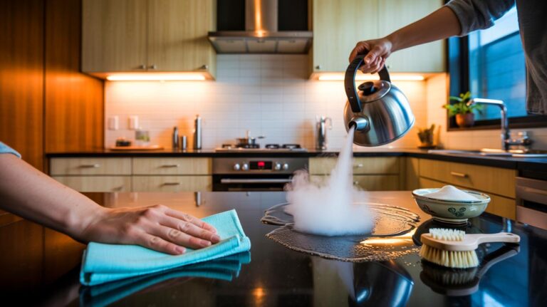 Illustration de la méthode japonaise pour nettoyer une cuisine en 10 minutes sans détergent, avec vapeur de bouilloire, microfibre et bicarbonate