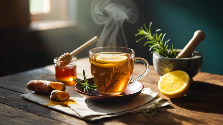 Illustration de [une tasse d’infusion citron-curcuma-romarin, posée sur une table en bois, évoquant une recette de grand-mère pour soutenir la santé du foie]