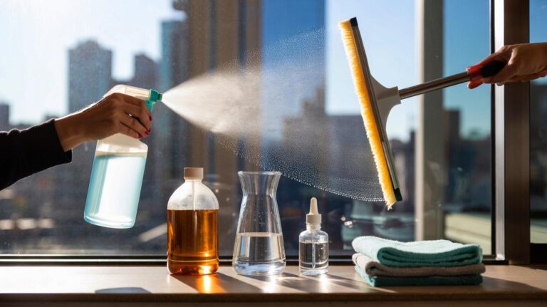 Illustration de la préparation et de l’application d’un mélange naturel (vinaigre blanc, eau déminéralisée, micro-dose de tensioactif) pour des vitres parfaites