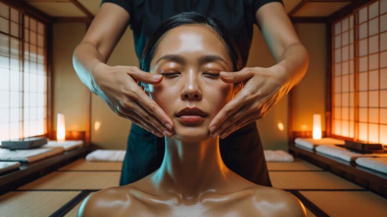 Illustration de la technique japonaise de massage facial Kobido pour lifter le visage sans chirurgie