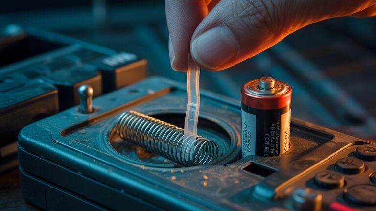 Illustration de l’insertion d’une languette isolante entre une pile et le contact d’un appareil pour interrompre le circuit et éviter le drain de veille