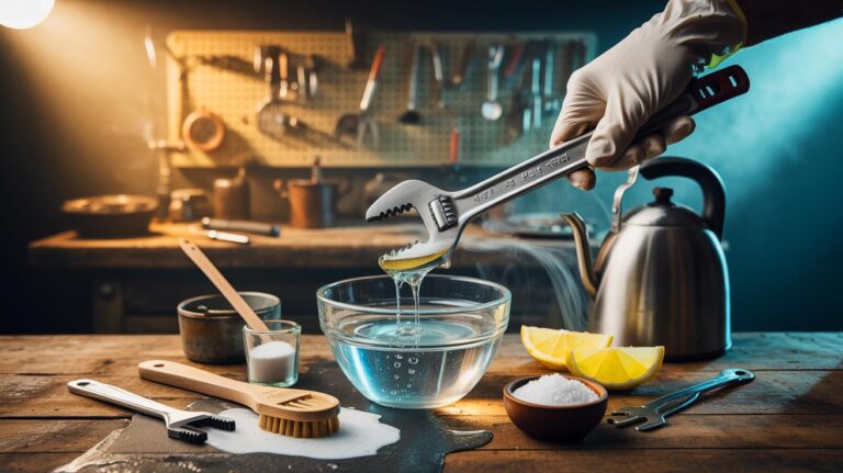 Illustration de la préparation et de l’application d’un mélange maison à base d’acide citrique, de sel et d’eau pour éliminer la rouille sur des outils métalliques