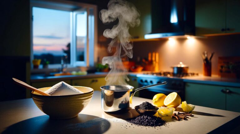 Illustration de la neutralisation naturelle des odeurs de cuisine avec bicarbonate de sodium et vapeur de vinaigre blanc