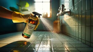 Illustration de l’application d’un spray naturel au vinaigre blanc et à l’arbre à thé sur les carreaux et joints de la salle de bain pour prévenir la moisissure