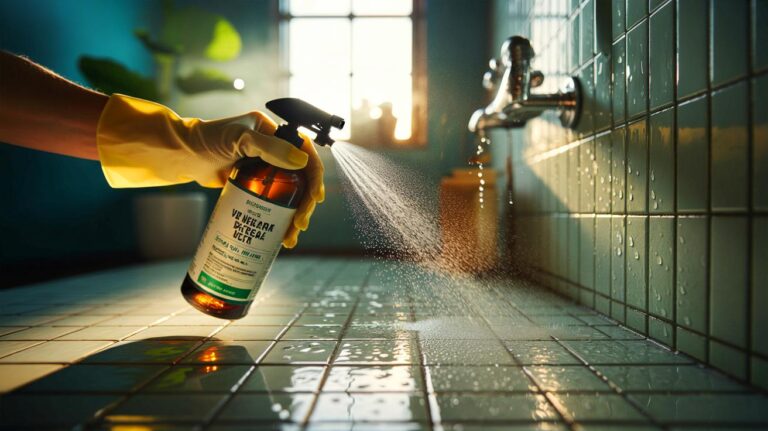 Illustration de l’application d’un spray naturel au vinaigre blanc et à l’arbre à thé sur les carreaux et joints de la salle de bain pour prévenir la moisissure