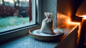 Illustration de [un sachet de gros sel utilisé comme dessiccant près d’un mur intérieur pour réduire la condensation et protéger les surfaces pendant l’hiver]