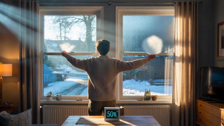 Illustration de l’ouverture en grand des fenêtres en hiver pour évacuer la condensation et prévenir l’humidité des murs