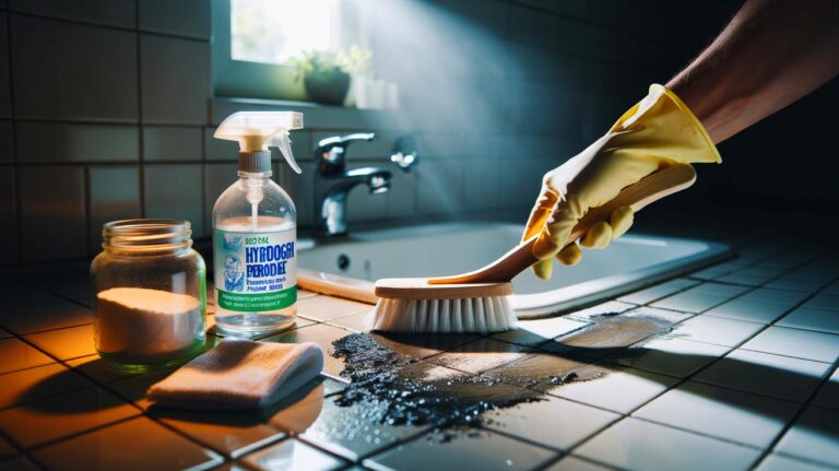 Illustration de l’élimination des taches noires de moisissure avec peroxyde d’hydrogène 3 % et bicarbonate, sans vinaigre ni javel, sur des joints de carrelage